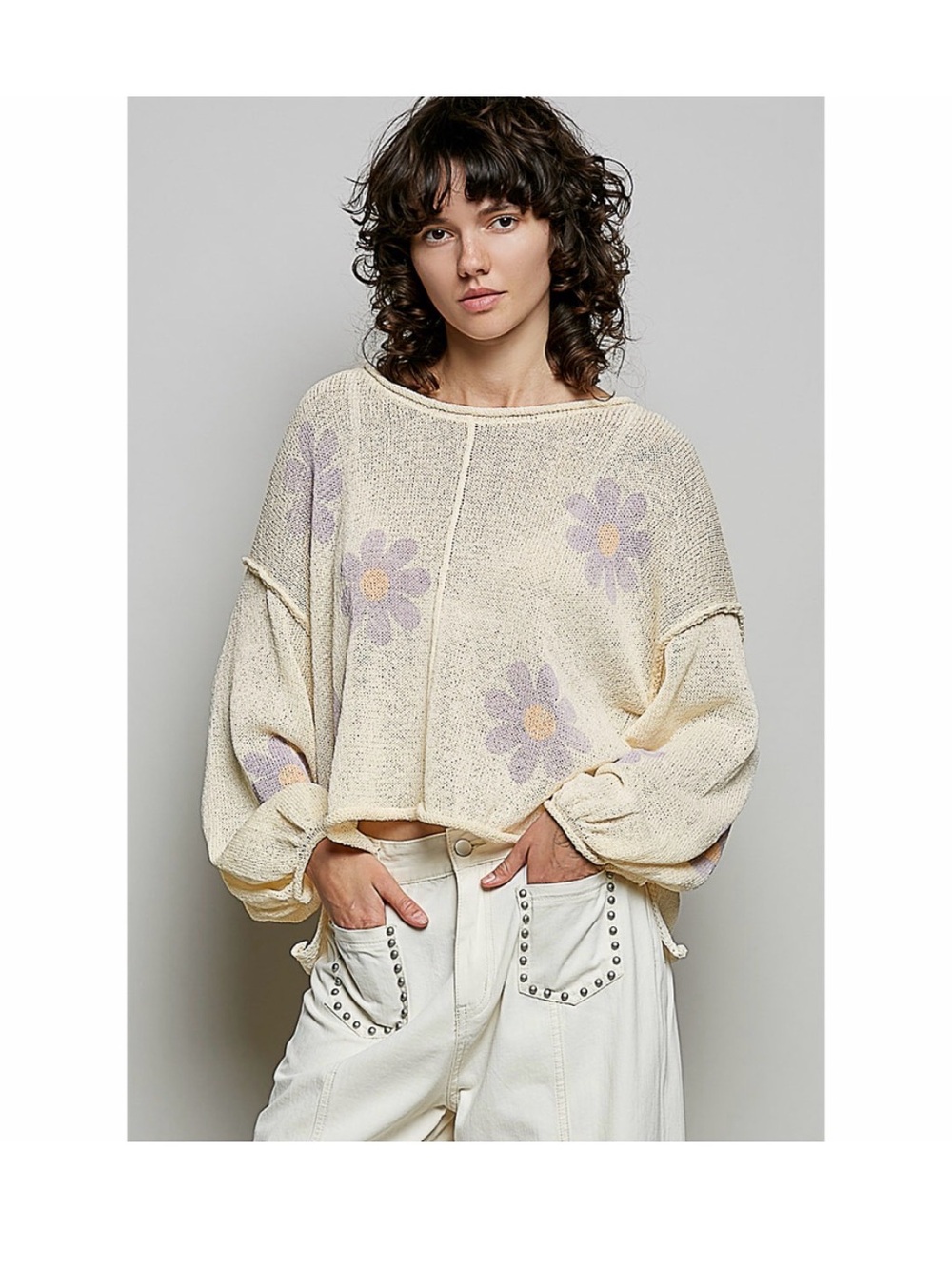 🌙POL Round Neck Balloon Sleeve Floral Print Thin Sweater🌙